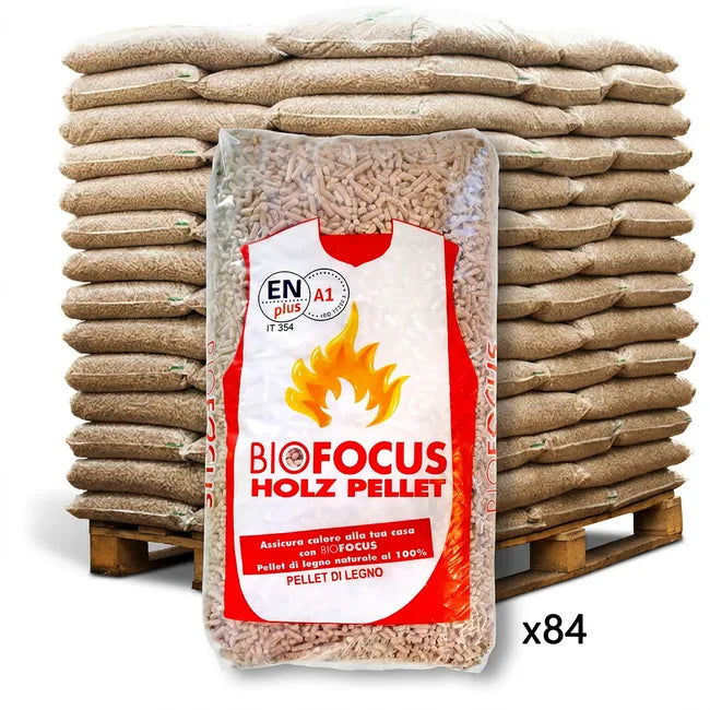 Bancale 1260 kg pellet Bio Focus in abete e pino ENplus A1, 84 sacchi da 15 kg