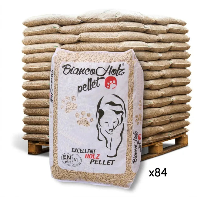 Bancale 1260 kg pellet Bianco Holz in abete e pino ENplus A1, 84 sacchi da 15 kg